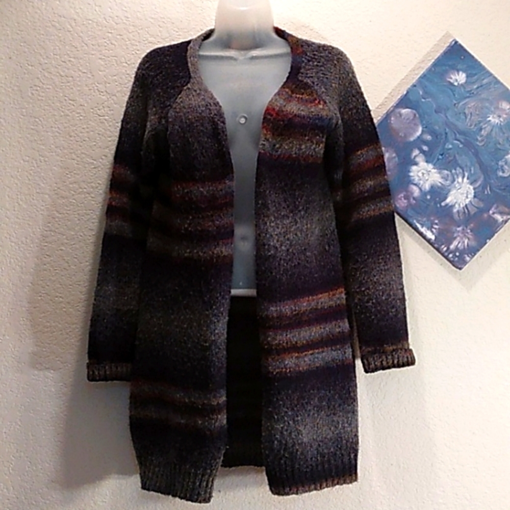 HEM & THREAD CHUNKY WEAVE MULTICOLOR LONG OPEN CARDIGAN